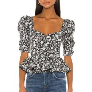 Amanda Uprichard Natasha Peplum Top Black and White Floral Size XS